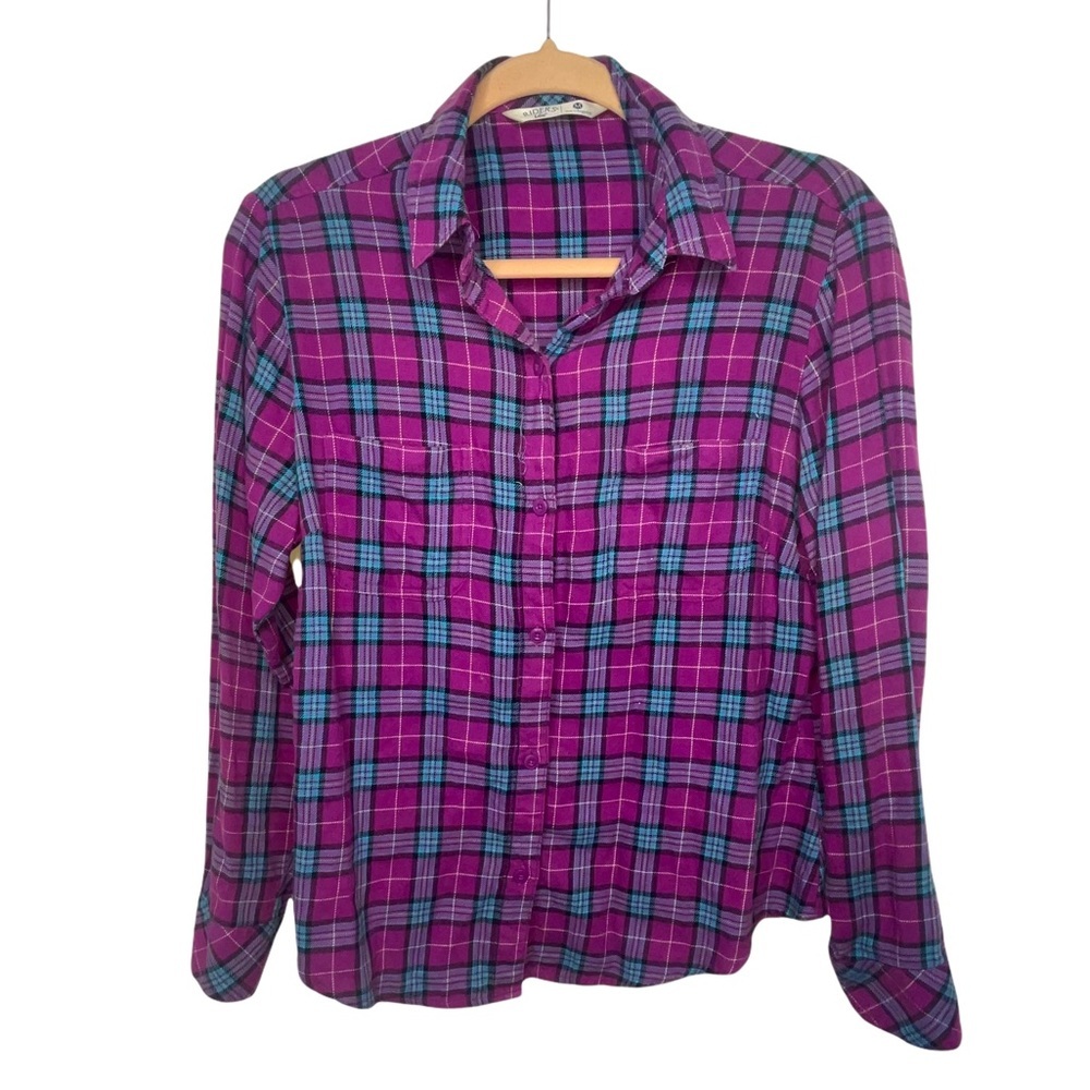 RIDERS BY LEE Purple and Blue Plaid Flannel Button Down Shirt M